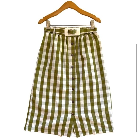 ModCloth Past But Not Least Belted Skirt green and white checkered A line midi - Picture 1 of 8
